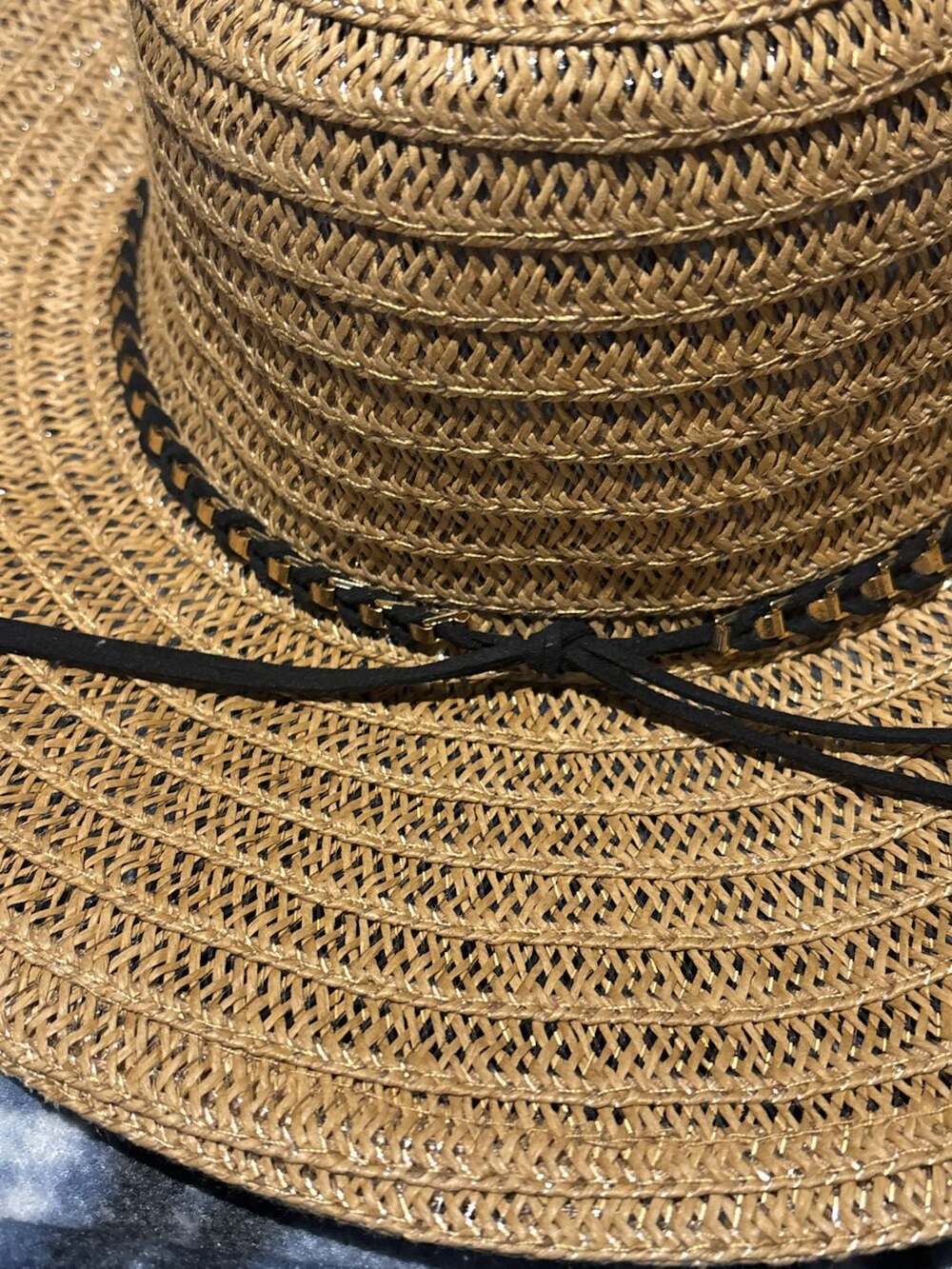 Straw Studios Tan Woven Straw Sun Hat with Black and Gold Braided Hat Band